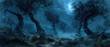 Dark spooky surreal forest, scary fairy tale woods at night, strange landscape with crooked trees and moon. Concept of fantasy, horror, haunted nature, background.