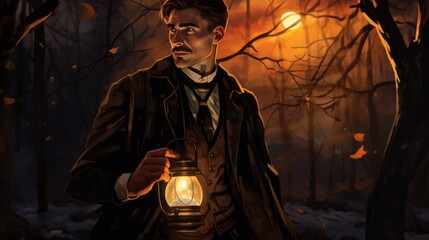 Wall Mural - A man is holding a lantern in a dark forest. The lantern is lit, and the man is wearing a suit. Scene is mysterious and eerie, as the man is alone in the dark woods
