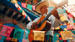 Joyful Mexican musician in traditional attire, playing the guitar under vibrant papel picado decorations, his smile radiating the festive spirit of a cultural celebration