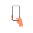 Phone screen mockup in hand. Thumb clicking smartphone. Flat vector illustration isolated on white