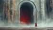 A solitary figure in a red cloak stands before a massive, archaic gate, surrounded by mist, instilling a sense of mystique and otherworldliness.