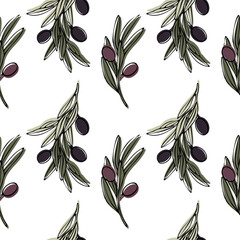 Wall Mural - Vector seamless pattern with olive tree branch, leaves and olives fruit. Hand painted outline floral illustration with color background for kitchen fabric design, packaging, wallpapers, print.