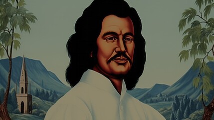 Wall Mural - A man with long hair and a beard is standing in front of a mountain. The painting has a serene and peaceful mood, with the man's calm expression and the beautiful landscape in the background