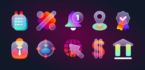 3d glassmorphism icons for website or mobile app. Transparent frosted glass morphism ui icon set with blur neon gradient of bank, notification, business strategy, calendar, location pin, dollar symbol