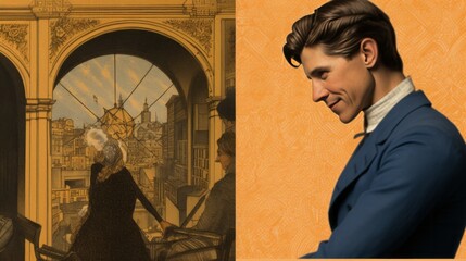 Wall Mural - A man is standing in front of a painting of a woman and a man playing a piano. The painting is of a city with a window and a clock