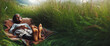 Hintergründe Vorlagen draußen im Freien ein Junge liegt glücklich lächelnd barfuß auf einer Decke im hohen grünen Gras in Sommer Sonne Strahlen genießt Freizeit Urlaub Ferien Natur Freiheit Schönheit 