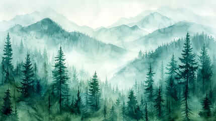 Canvas Print - A beautiful foggy forest landscape in watercolors