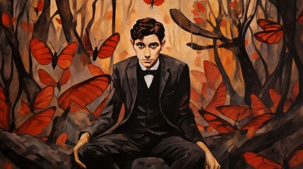 A man is sitting on a tree branch surrounded by butterflies. The man is wearing a suit and tie. The butterflies are red and black. The painting has a dark and mysterious mood