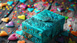A vibrant turquoise gift box embellished with intricate patterns, nestled amidst colorful heart-shaped decorations on a textured wooden table.