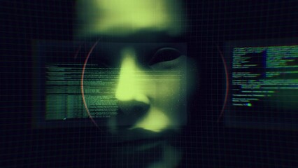 Close in on a darkly lit synthetic face with streams of data and digital glitch.