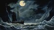 A ship is sailing in the ocean with a large moon in the background. Scene is dark and mysterious, with the stormy sea and the moon casting an eerie light on the scene