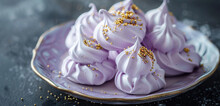 Delicate, Feather-light Lavender Honey Meringues, Their Soft Purple Hue Complemented By Golden Flecks Of Bee Pollen, For A Whimsical And Elegant Presentation