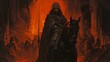 A man in a black cloak rides a horse in a fiery, dark setting. The man is holding a sword and he is a warrior. Scene is dark and ominous, with the fire