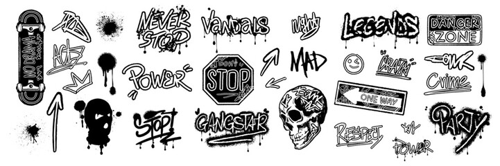 Graffiti urban sticker set, vector spray calligraphy print, street art splatter tags, creative icon. Hip-hop skateboard culture tattoo, road sign, skull, balaclava arrow. Graffiti urban textile design