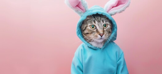 Wall Mural - A cute cat wearing an Easter bunny costume with blue hoodie on isolated pastel background, banner design