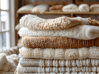 Wall Mural - Assorted Woolen Blankets and Knitwear in Warm Earthy and Cool Tones. Collection of Natural Wool Textiles