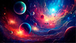 A wide-angle illustration of a vivid cosmic scene featuring multiple planets and swirling nebulae in a vibrant color palette.