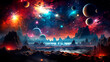 Surreal landscape with towering rock formations under a star-filled sky, dotted with planets and cosmic clouds.