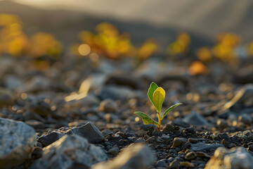Wall Mural - a young plant sprouts from the ground in a rocky area with rocks and gravel in the foreground.