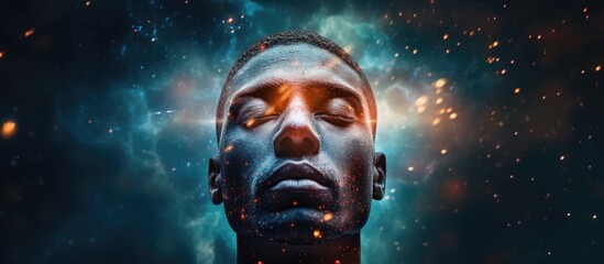 Wall Mural - A closeup of a mans head with his eyes closed in front of a starry sky, creating a mysterious and captivating image that could be from a science fiction movie