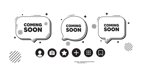 Sticker - Coming soon tag. Speech bubble offer icons. Promotion banner sign. New product release symbol. Coming soon chat text box. Social media icons. Speech bubble text balloon. Vector