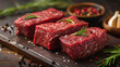 Fresh raw Prime Black Angus beef steaks on wooden board: Tenderloin, Denver Cut, Striploin