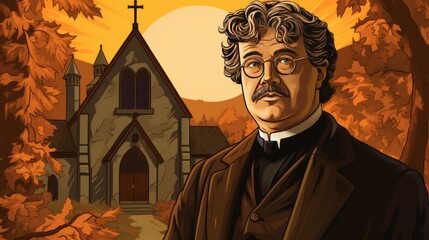 Wall Mural - A man with a mustache stands in front of a church. The man is wearing a black suit and a black vest. The church is old and has a steeple. The image has a somber