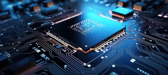 Poster - Computer motherboard with CPU. Circuit board system chip with core processor. Computer technology background.