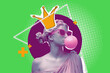 An antique female bust sculpture in modern sunglasses makes a bubble with the gum. Minimal pop culture concept art. Isolated on free PNG Background.