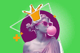 Fototapeta Lawenda - An antique female bust sculpture in modern sunglasses makes a bubble with the gum. Minimal pop culture concept art. Isolated on free PNG Background.