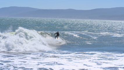 Wall Mural - Surfer on a wave from sand Beach of Pelline during summer (Maule region, Chile)