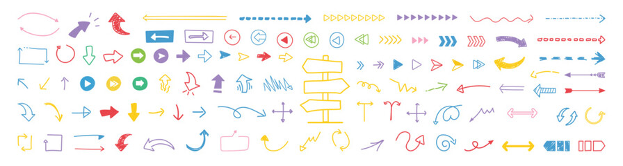 Aufkleber - Collection colorful hand drawn arrows. Set simple arrows isolated on white background. Doddle arrow set