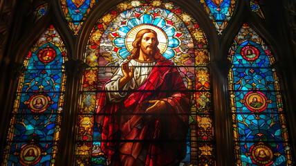 A vibrant stained glass window depicting Jesus Christ in a majestic and holy style,generative ai