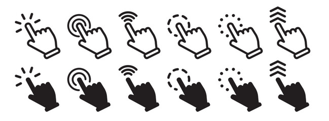 Fototapete - Vector hand cursors icons click set. Pointer cursor сomputer mouse icon. Clicking cursor, pointing hand clicks icons