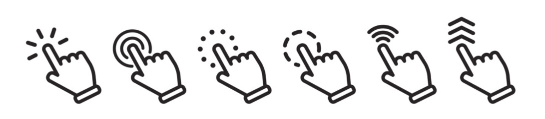 Vector hand cursors icons click set. Pointer cursor сomputer mouse icon. Clicking cursor, pointing hand clicks icons
