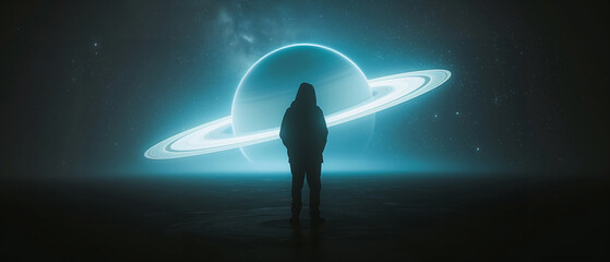 Wall Mural - a silhouette of a man wearing hoodie standing against the backdrop of a massive, blue saturn planet in space.
