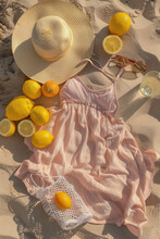 Pastel Pink Beach Towel With Minimal White Stripes Lying On The Sand, Adorned With Lemon And Orange Slices, A Straw Hat, Sunglasses In An Open Bag, Flipflops Beside It, A Small Glass Of Water