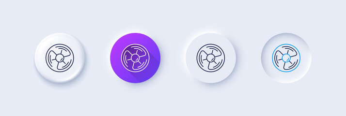 Wall Mural - Air fan line icon. Neumorphic, Purple gradient, 3d pin buttons. Wind turbine energy sign. Ventilation rotor symbol. Line icons. Neumorphic buttons with outline signs. Vector