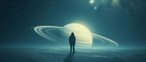 Wall Mural - a silhouette of a man wearing hoodie standing against the backdrop of a massive, white saturn planet in space.