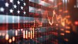 Abstract virtual financial technical graph hologram on USA flag and cityscape background, forex and investment concept. Global economy, stock exchange. Multiexposure.