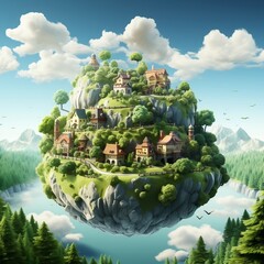 Earth globe concept shows the world's green, peaceful, and idyllic lifestyle in a cartoon fantasy style.