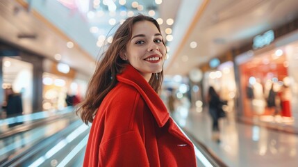 Wall Mural - Happy smiling young brunette woman wearing red coat on blurred background of shopping center