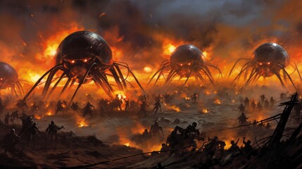 Poster - A group of aliens are fighting a group of humans in a fiery battlefield. The aliens are large and menacing, while the humans are small and scattered. Scene is intense and chaotic