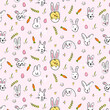 Easter seamless pattern with Easter bunny or rabbit, Easter eggs and chick. Easter background wallpaper