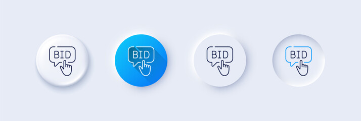 Wall Mural - Bid offer line icon. Neumorphic, Blue gradient, 3d pin buttons. Auction sign. Raise the price up symbol. Line icons. Neumorphic buttons with outline signs. Vector