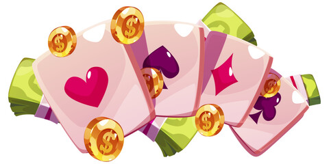 Aufkleber - Four aces in banknotes and coins. Vector bright stylish illustration.