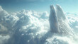 A lone angel with flowing white wings stands serenely on a cloud platform overlooking a breathtaking vista of heaven ,generative ai