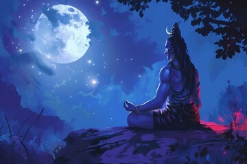 Wall Mural - A blue figure is sitting on a rock in front of a large moon