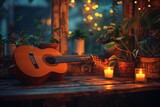 Acoustic Guitar Among Candles and String Lights