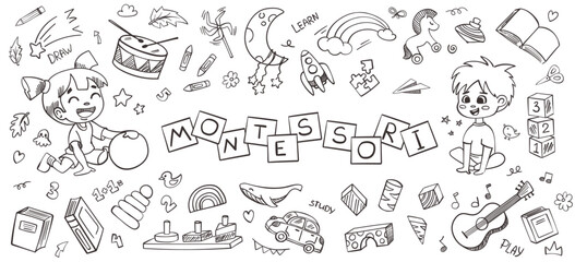 Kindergarten doodle set. Cute daycare hand drawn vector illustrations with toy, animal, activities, hopscotch. Childish cute preschool and school activity, education doodle background.